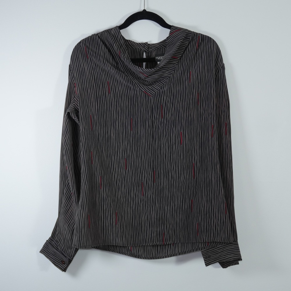 Vintage VOILA USA Striped Blouse Drape Neck Long Sleeve Career Top Black 10 M
